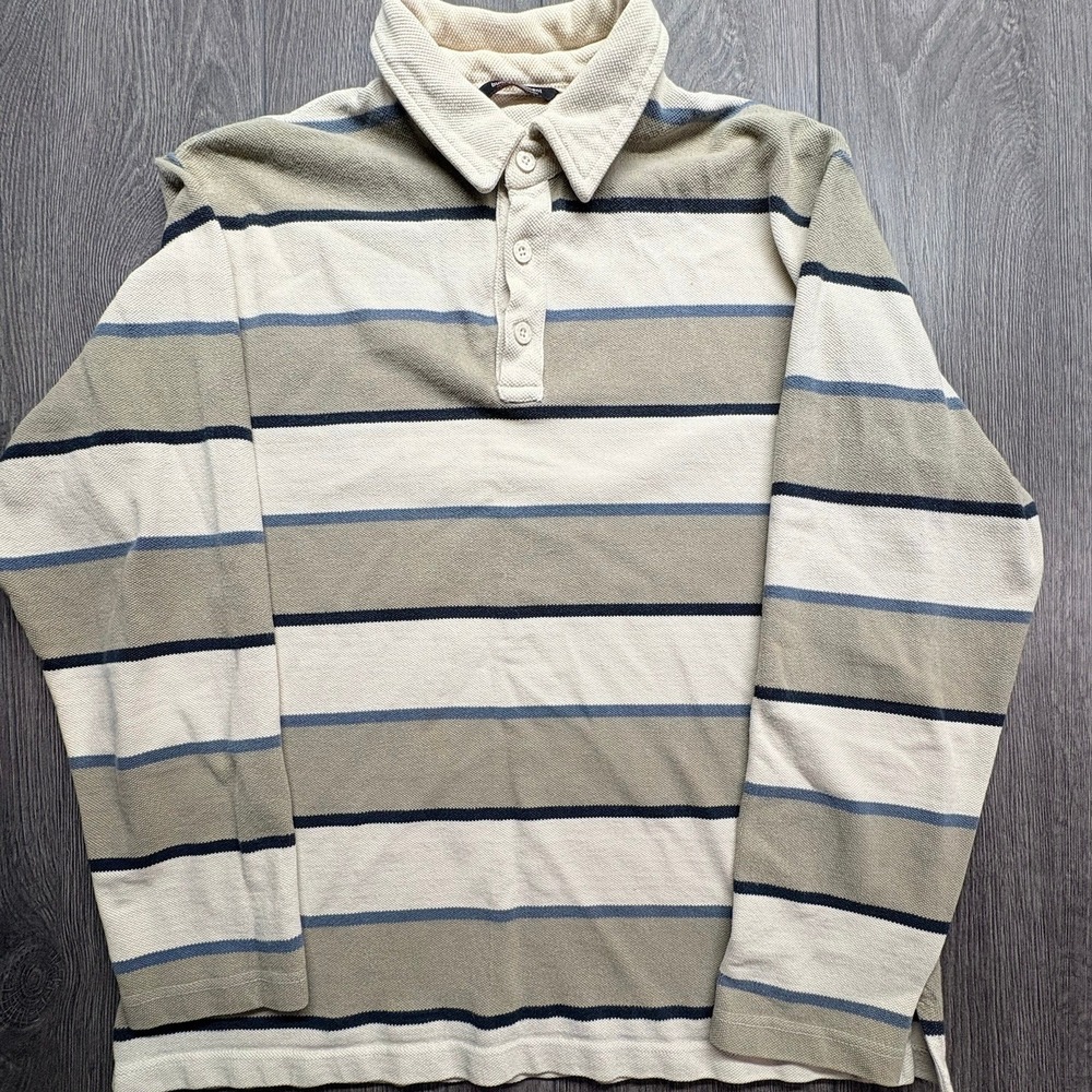Long-Sleeve Stripe Polo Shirt in Beige and Cream